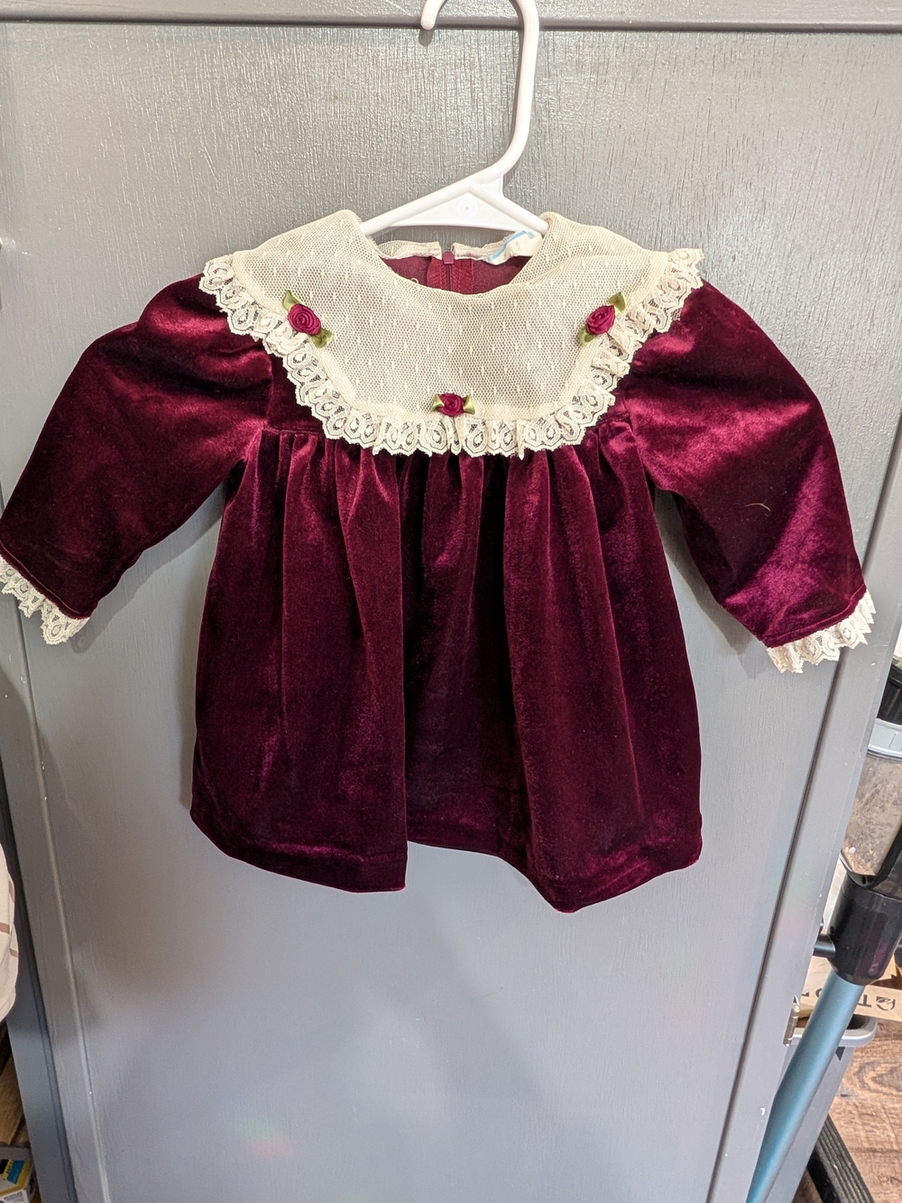 VTG 90s Burgundy Velvet Baby Dress Lace Mesh Bib Collar Rosettes 18 Months